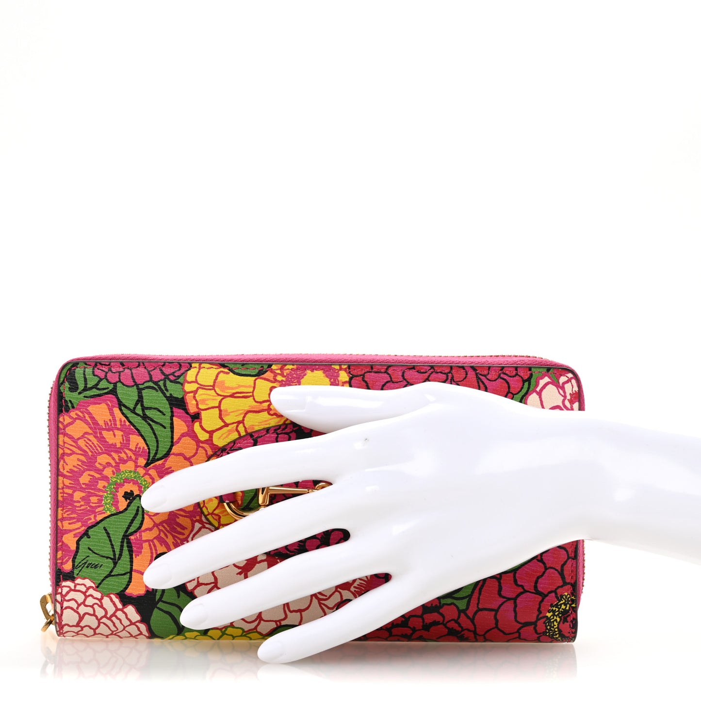 X KEN SCOTT Shangai Calfskin Pomponica Print Horsebit 1955 Zip Around Wallet Multicolor Fuxia Pompon