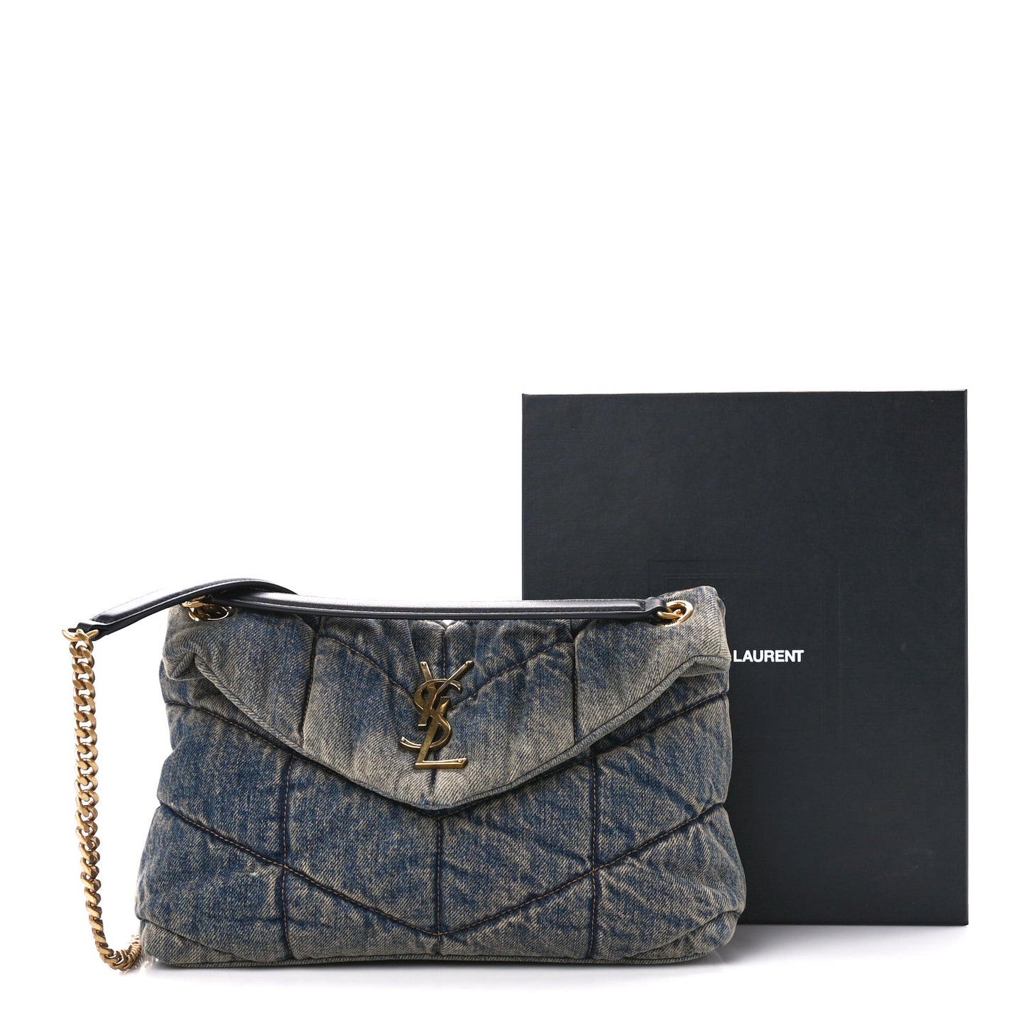 Denim Quilted Small Loulou Puffer Monogram Chain Satchel Rodeo Blue
