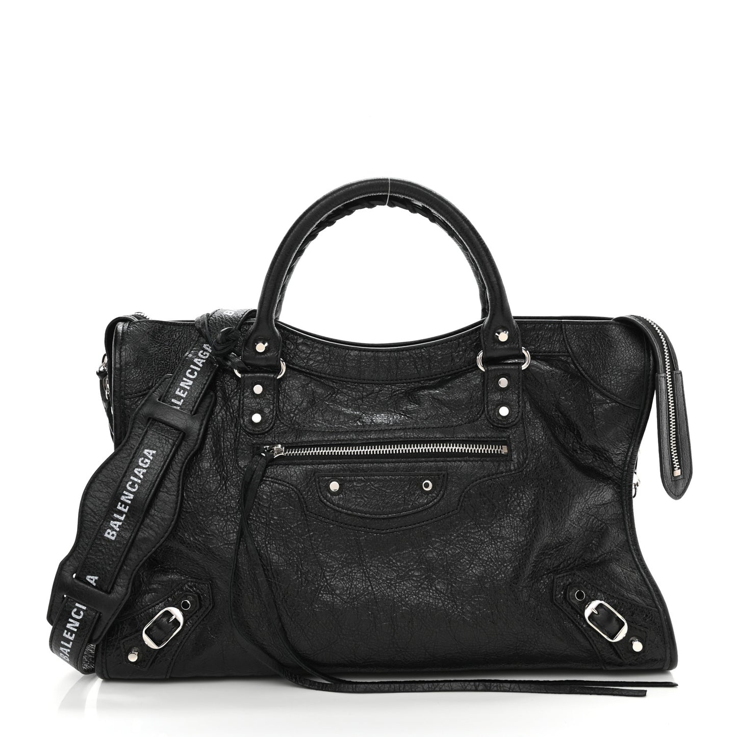 Agneau Classic Silver Hardware City Logo Strap Black White