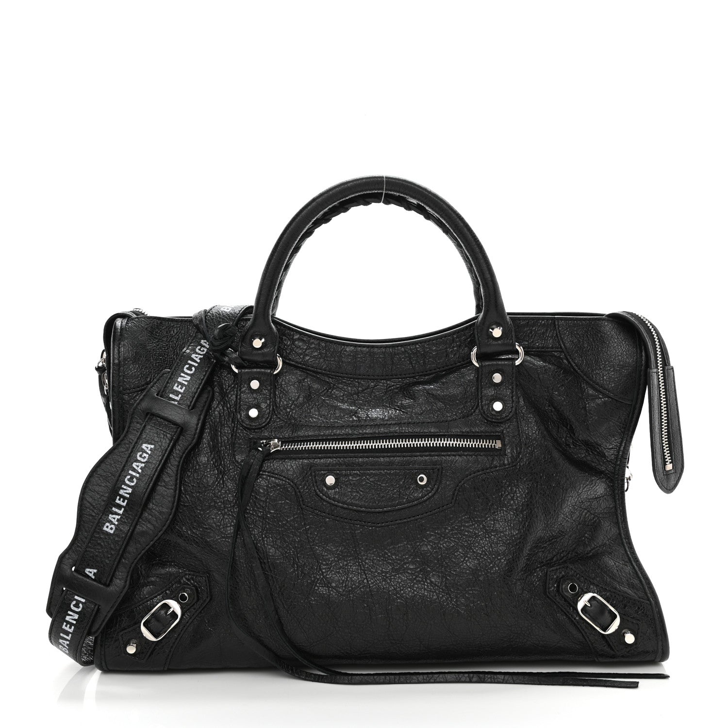 Balenciaga Agneau Classic Silver Hardware City Logo Strap Black White 3 of 9