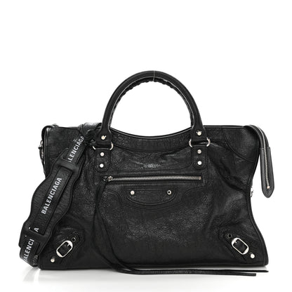 Balenciaga Agneau Classic Silver Hardware City Logo Strap Black White 3 of 9