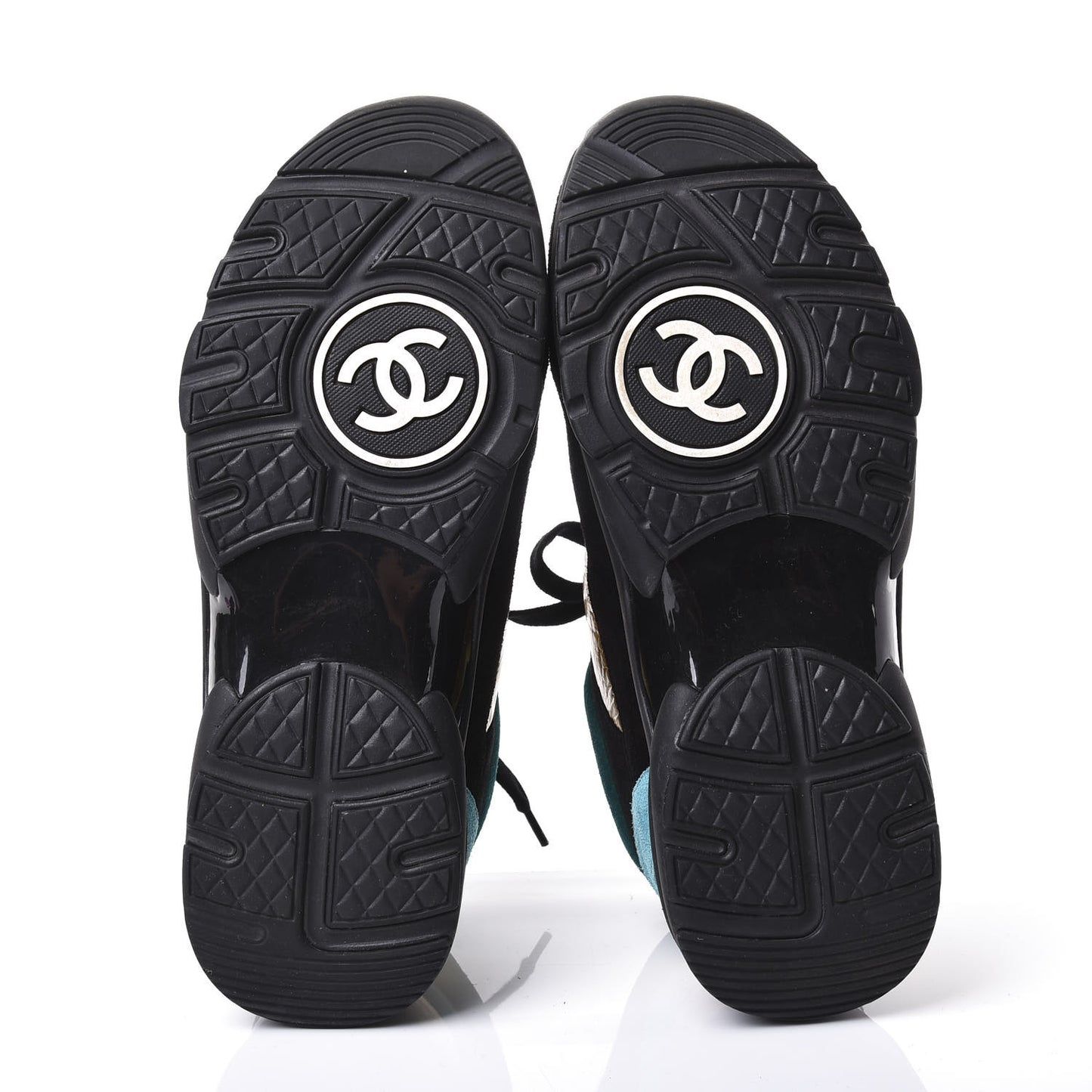 Fabric Calfskin Suede CC Womens Sneakers 38.5 Black Turquoise Gold
