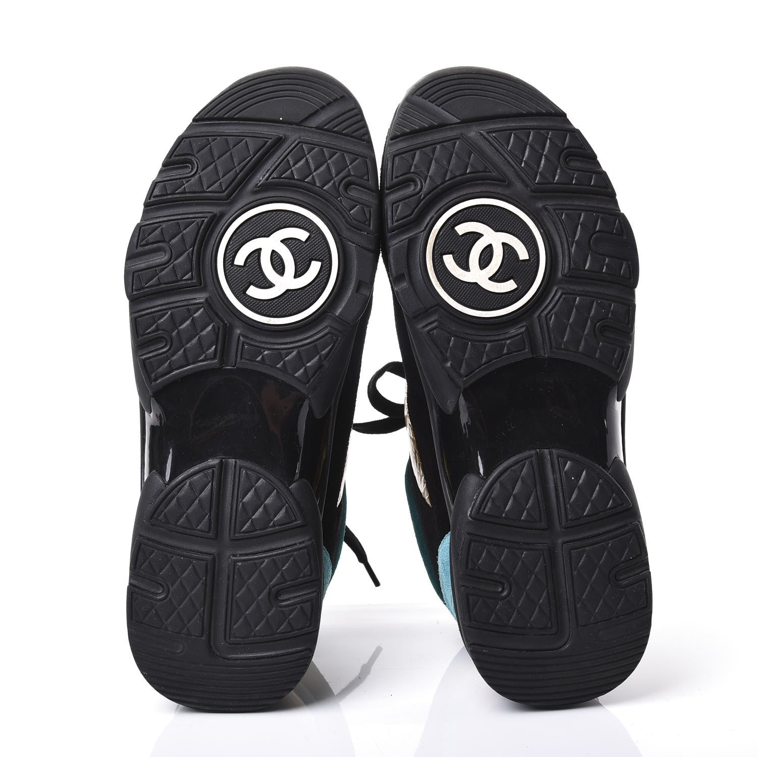 Chanel Fabric Calfskin Suede CC Womens Sneakers 38.5 Black Turquoise Gold 6 of 11