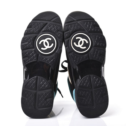 Chanel Fabric Calfskin Suede CC Womens Sneakers 38.5 Black Turquoise Gold 6 of 11