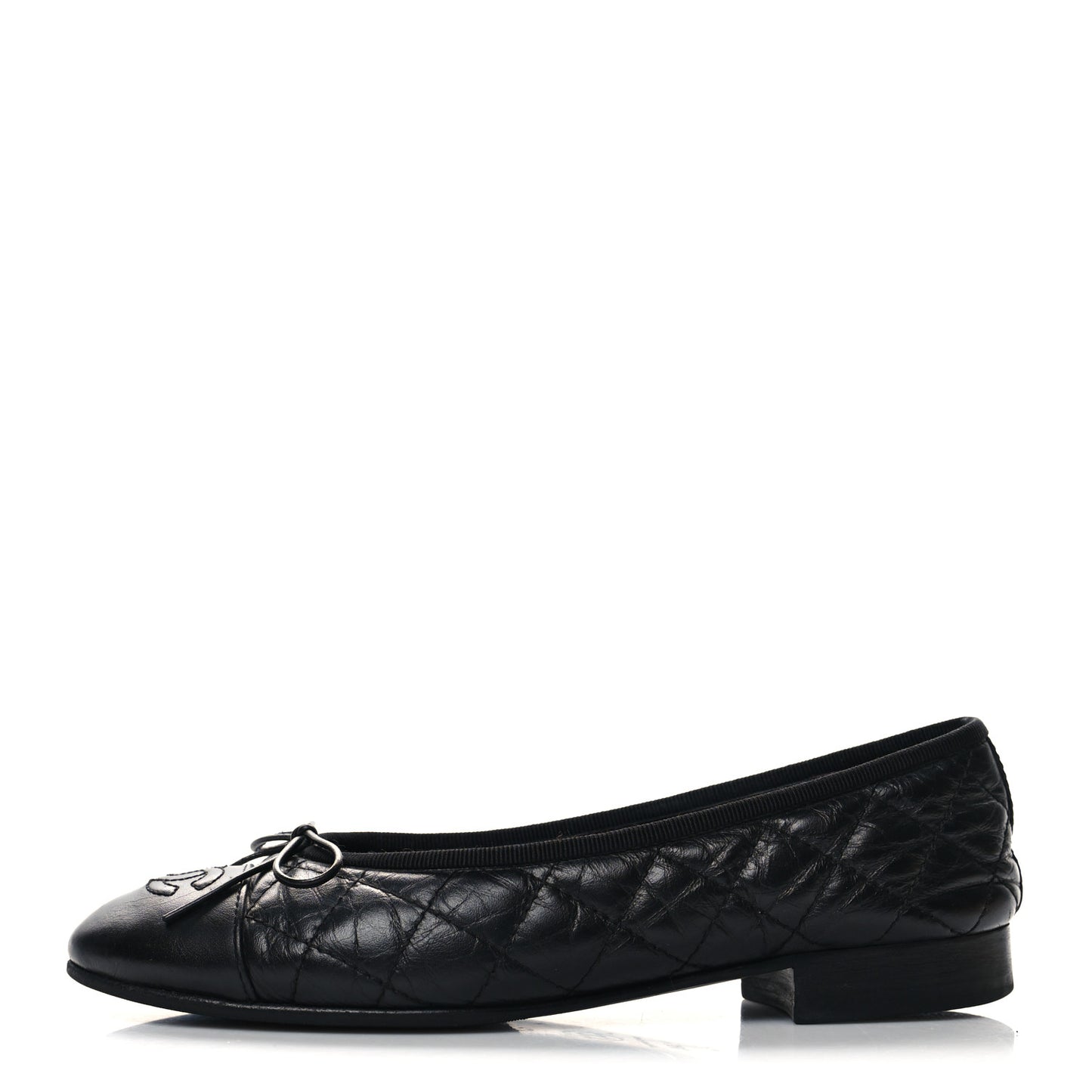 Aged Calfskin Quilted Cap Toe Ballerina Flats 35.5 Black