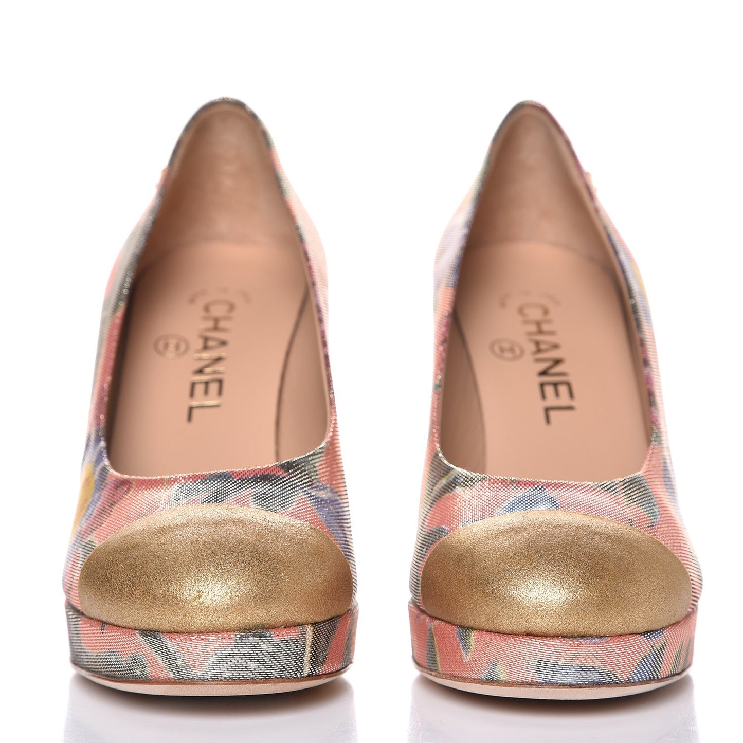 Crepe Calfskin Floral Printed Metallic Calfskin Pumps 35.5 Corail Gold