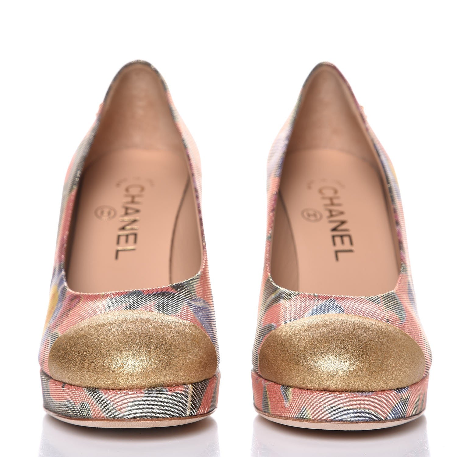 Chanel Crepe Calfskin Floral Printed Metallic Calfskin Pumps 35.5 Corail Gold 2 of 9