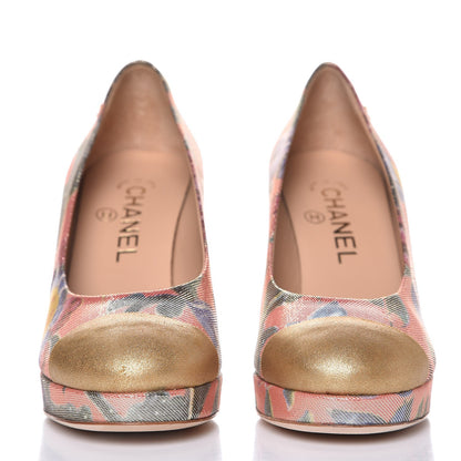 Chanel Crepe Calfskin Floral Printed Metallic Calfskin Pumps 35.5 Corail Gold 2 of 9