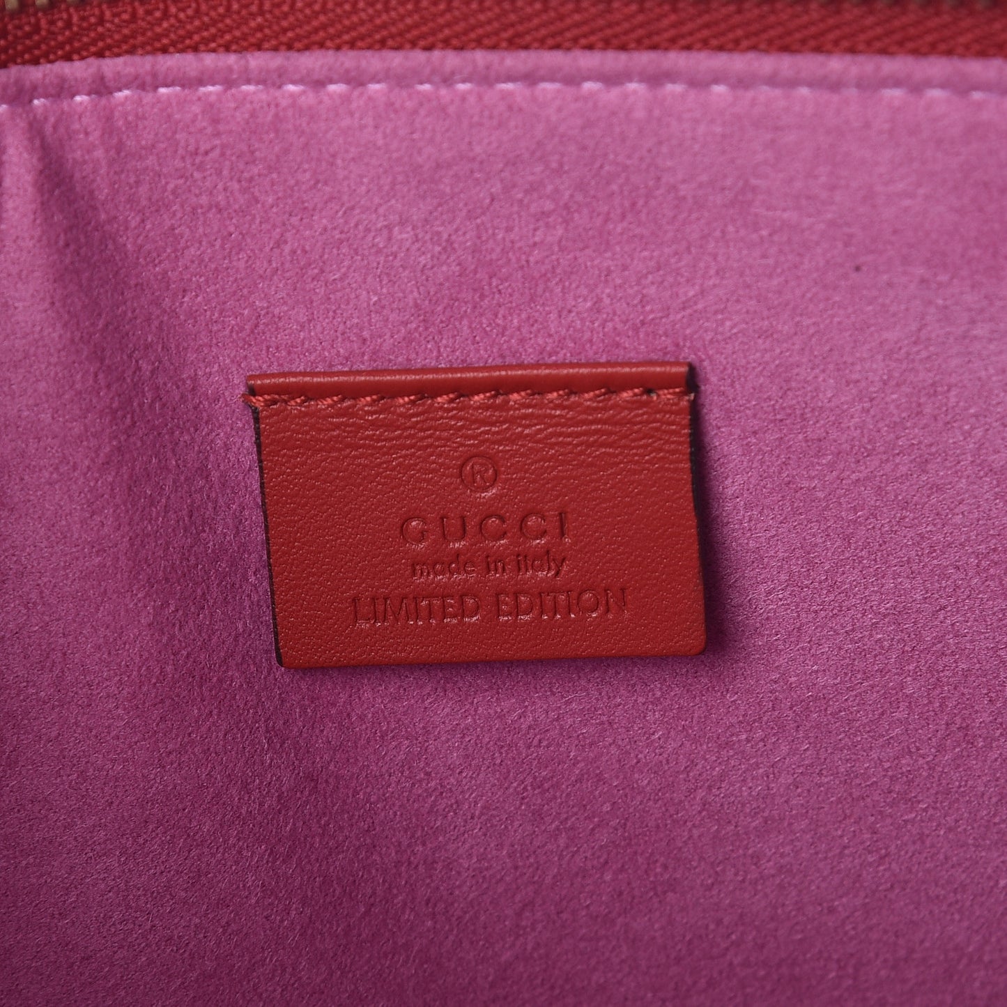 GG Supreme Monogram Bosco Patch Zip Pouch Beige Malva Hibiscus Red