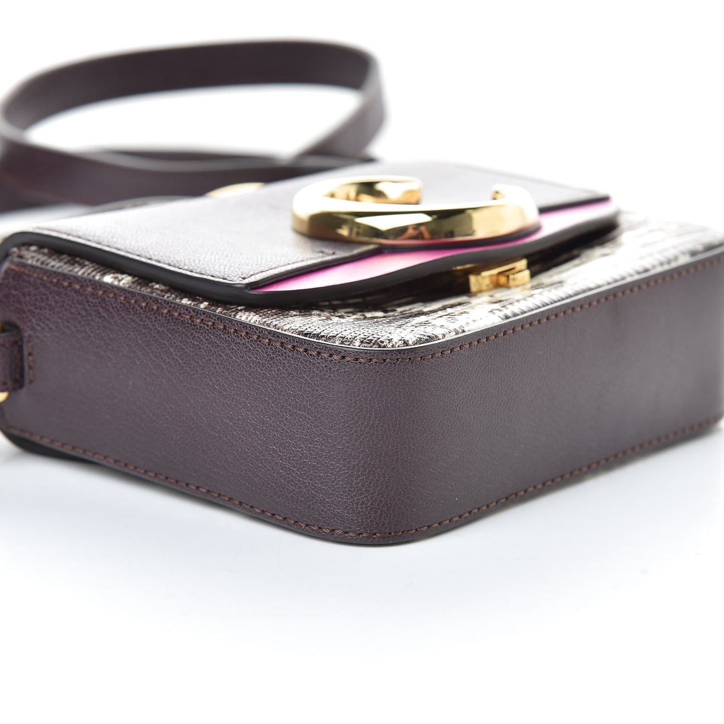 Shiny Goatskin Calfskin Lizard Embossed Mini C Double Carry Black Raisin
