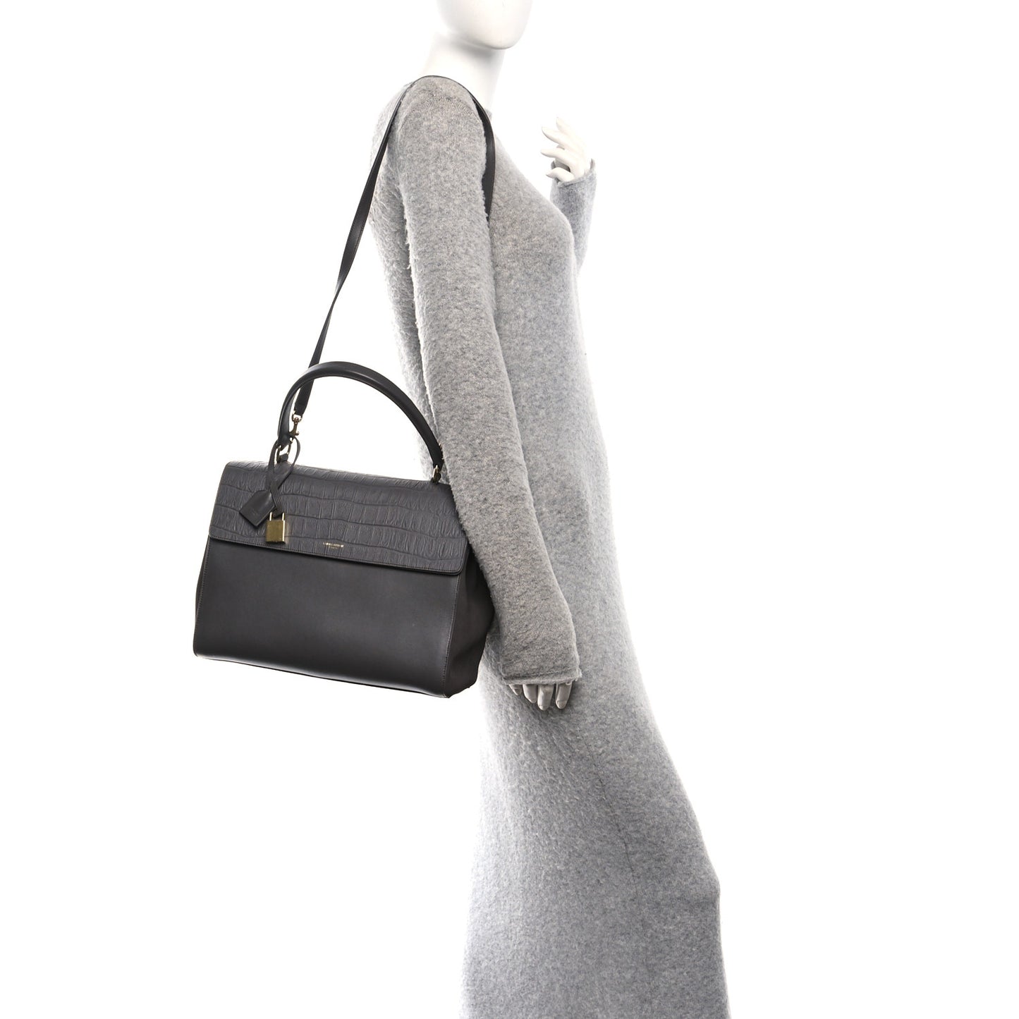 Calfskin Crocodile Embossed Medium Moujik Top Handle Bag Fog