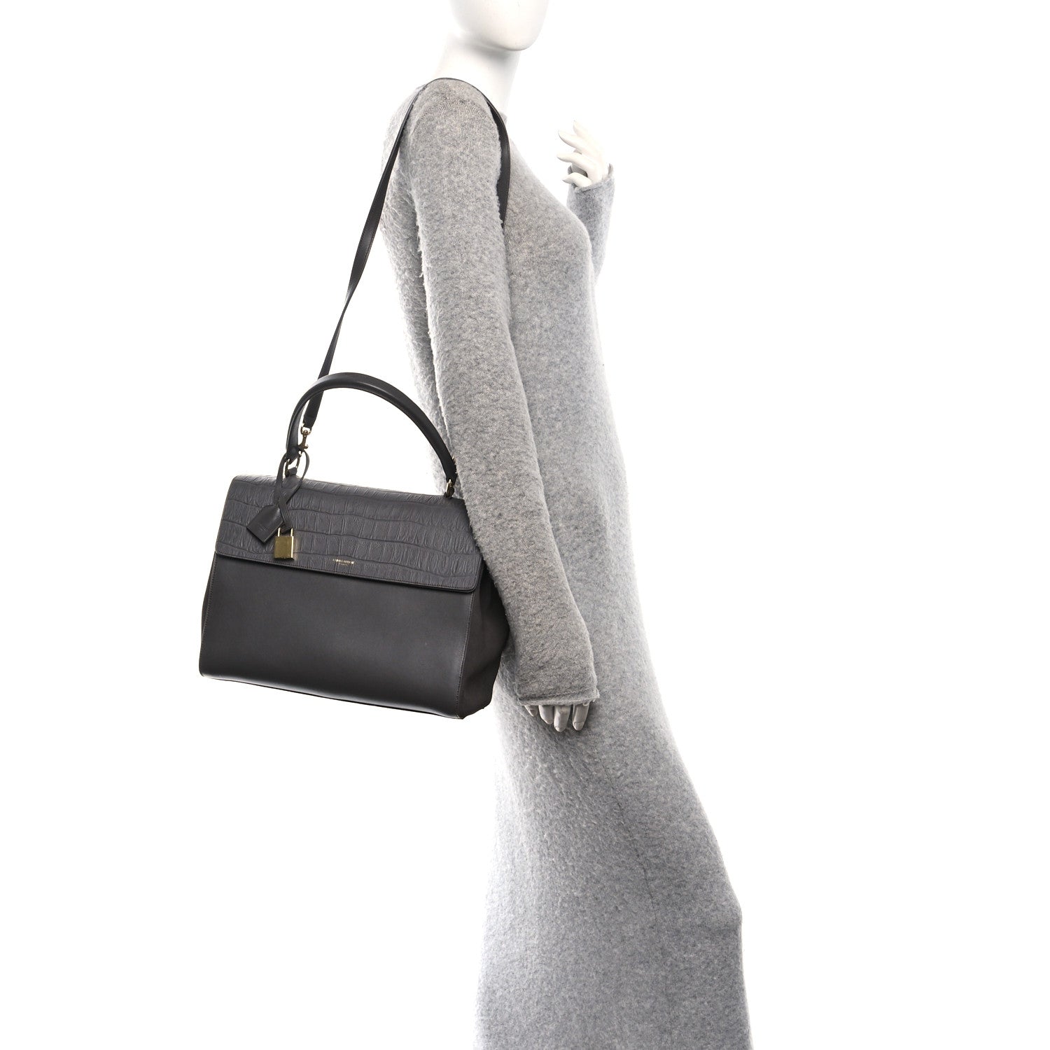 Saint Laurent Calfskin Crocodile Embossed Medium Moujik Top Handle Bag Fog 2 of 10