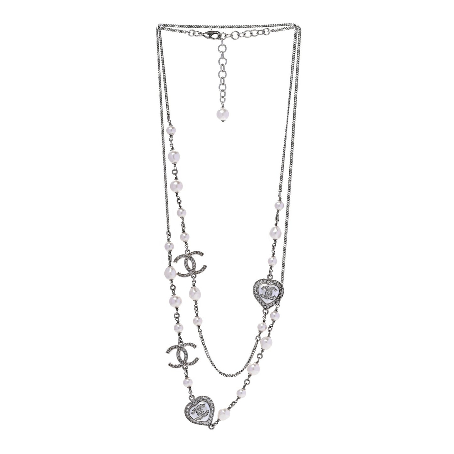 Pearl Crystal CC Heart Necklace Silver Pearly White