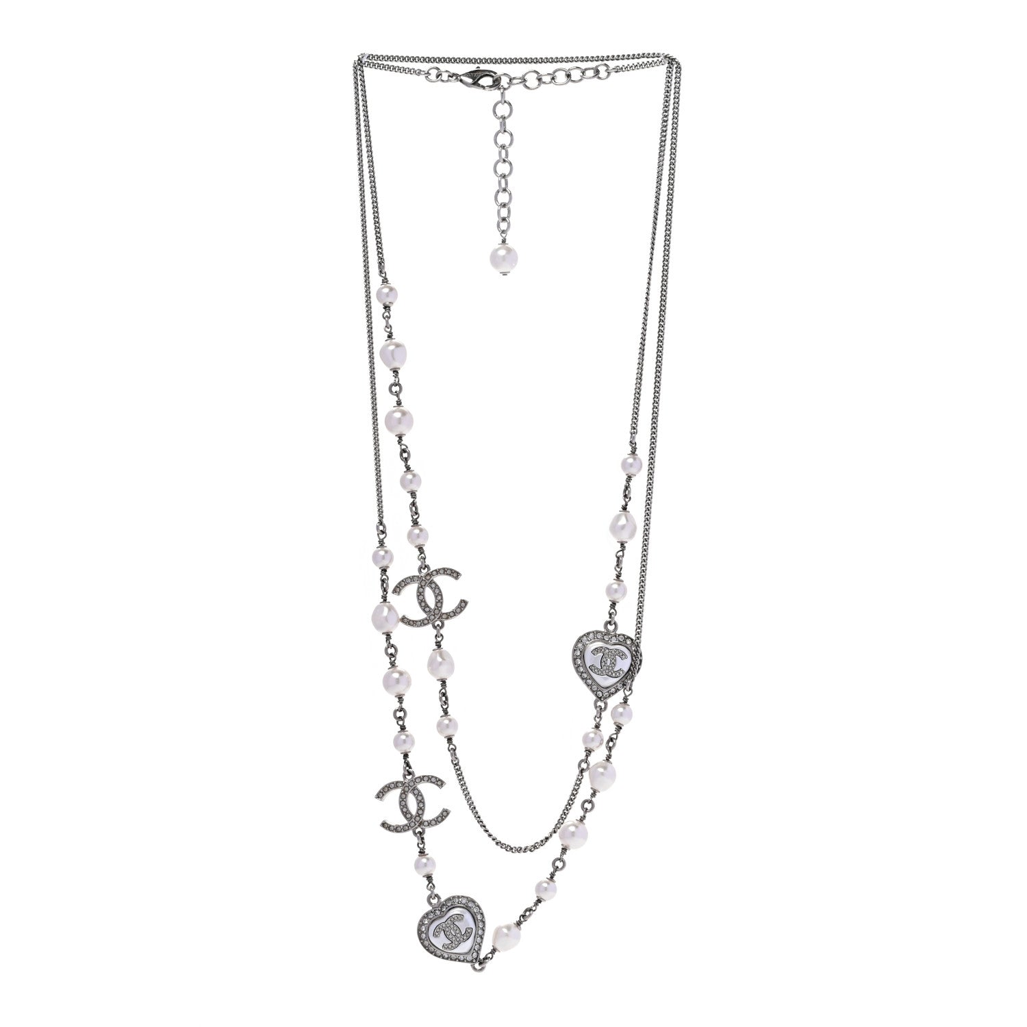 Chanel Pearl Crystal CC Heart Necklace Silver Pearly White 3 of 6