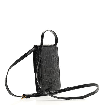 Balenciaga Shiny Calfskin Crocodile Embossed B Phone Holder Black 3 of 11
