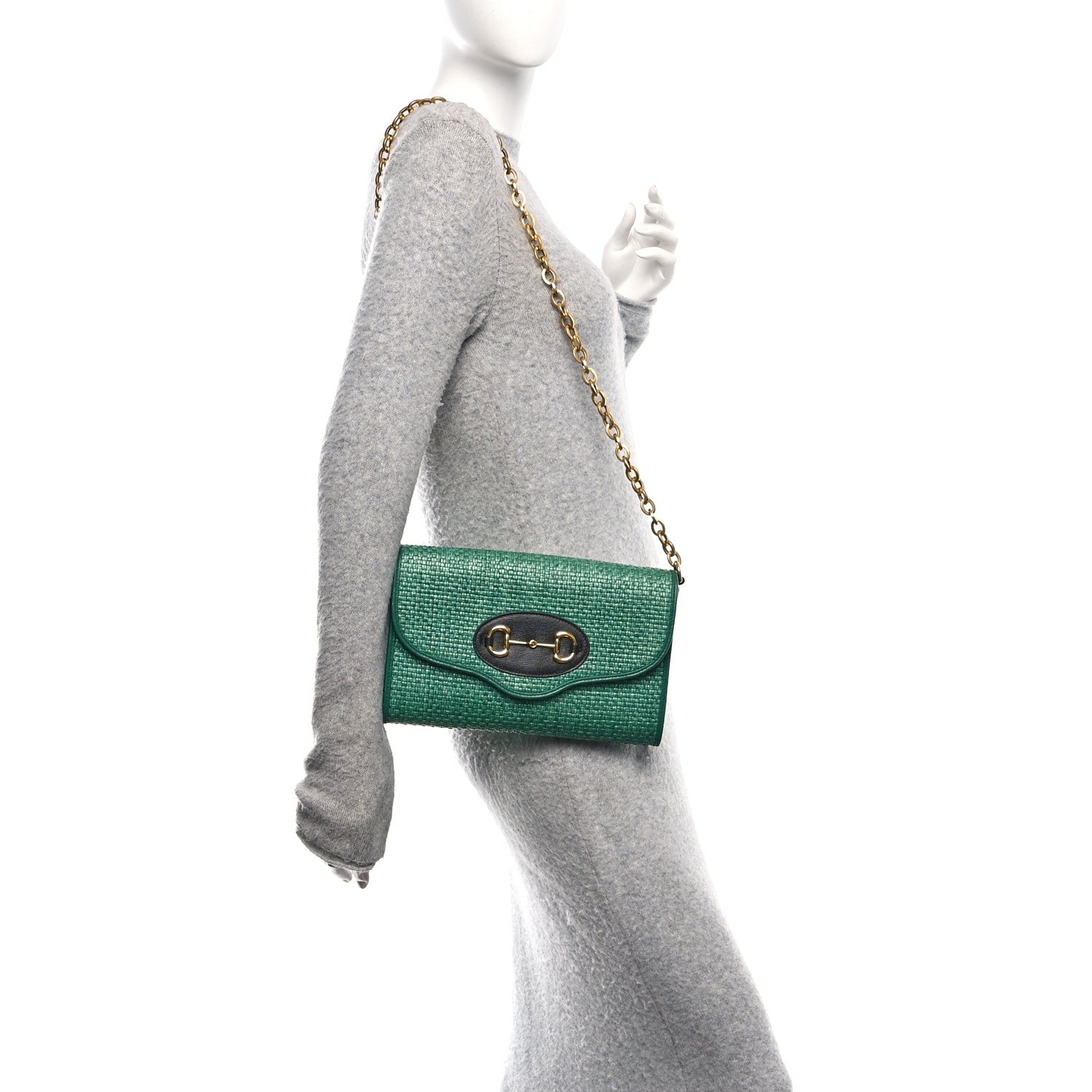 Gucci Straw Azalea Calfskin Mini Horsebit 1955 Chain Shoulder Bag