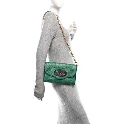 Gucci Straw Azalea Calfskin Mini Horsebit 1955 Chain Shoulder Bag Emerald Black 3 of 11