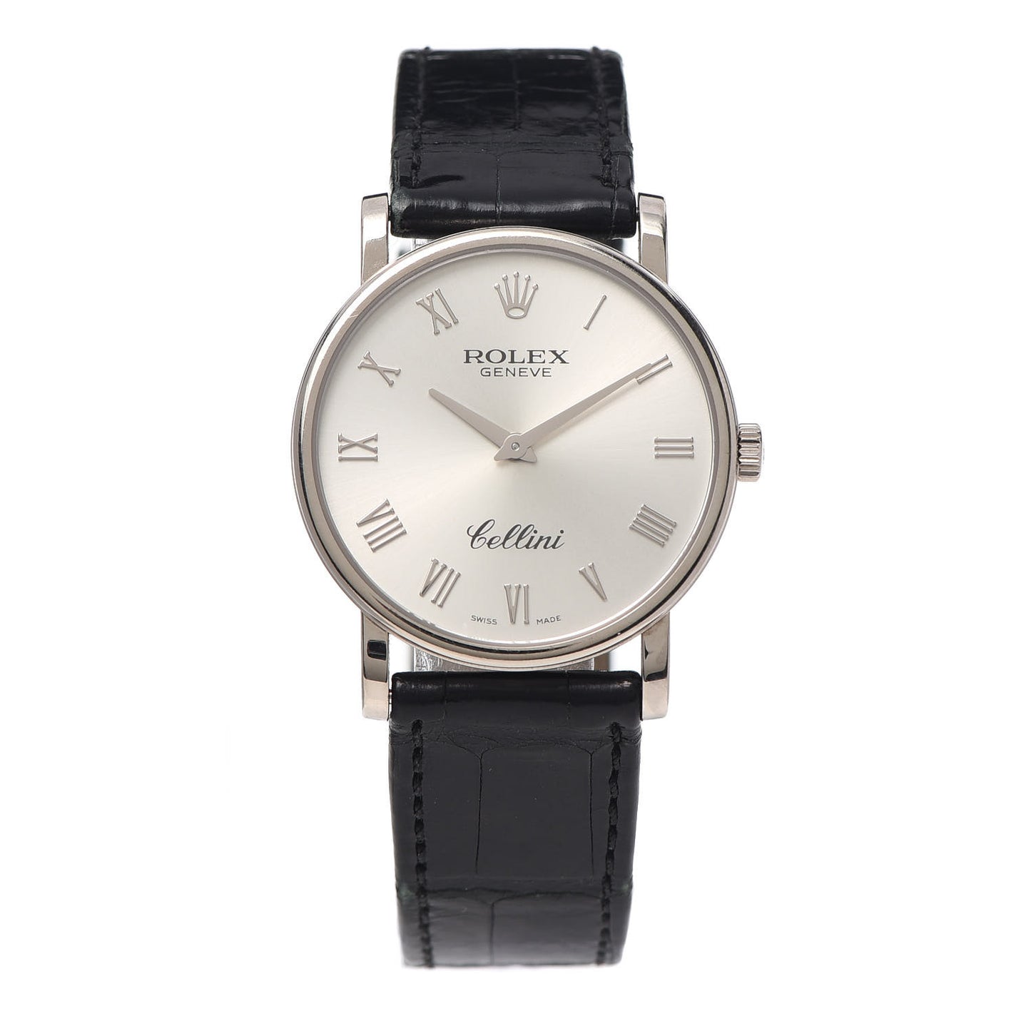 18K White Gold Alligator 32mm Cellini Manual Winding Watch Silver 5115