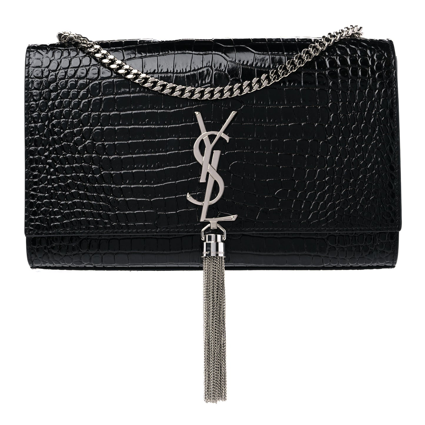 Calfskin Crocodile Embossed Medium Classic Monogram Kate Tassel Satchel Black