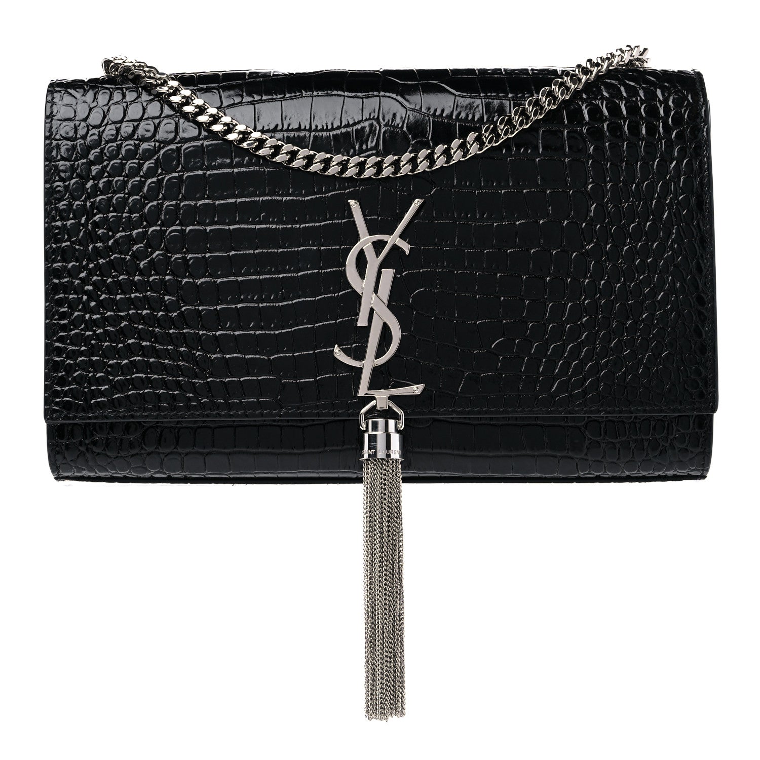 Saint Laurent Calfskin Crocodile Embossed Medium Classic Monogram Kate Tassel Satchel Black 1 of 9