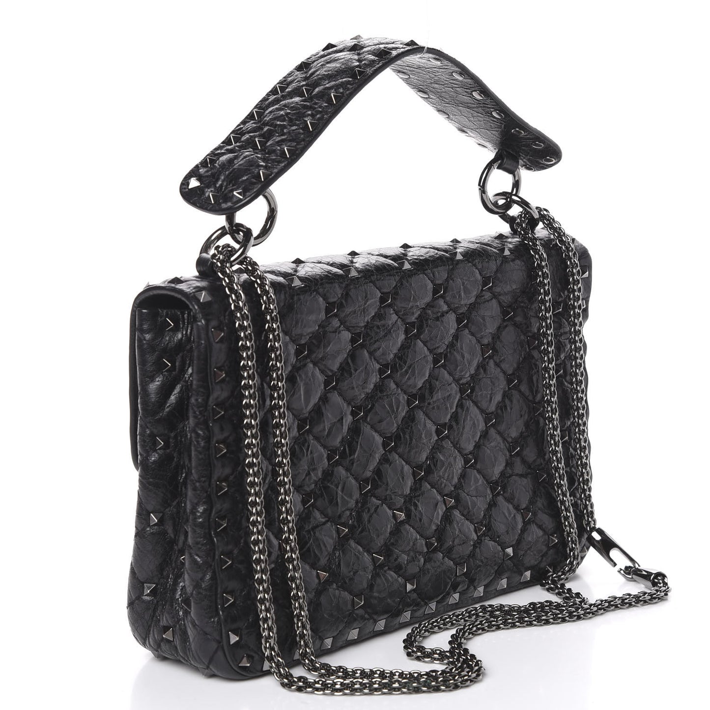 Craquele Nappa Medium Rockstud Spike Shoulder Bag Black