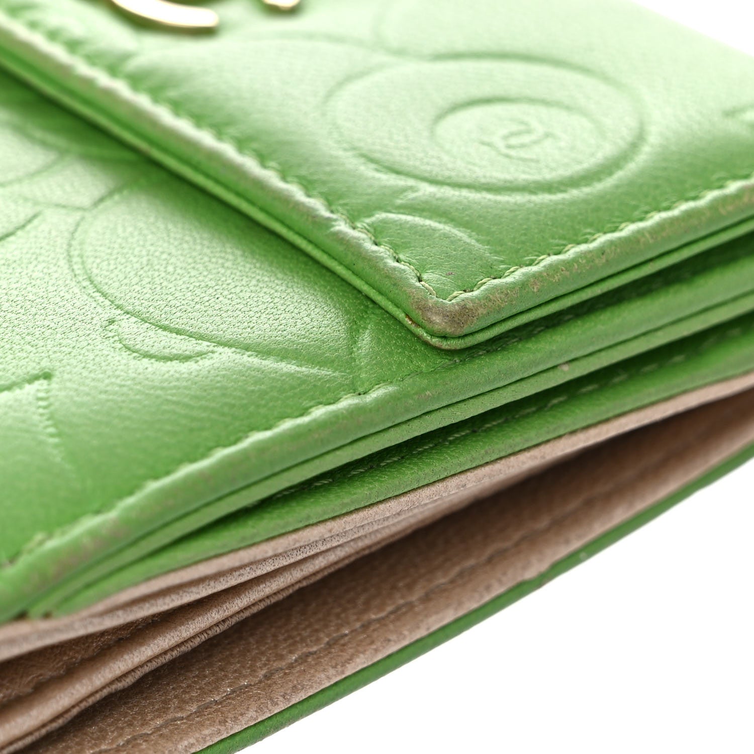 Chanel Lambskin Camellia Embossed Compact French Flap Wallet Green 13 of 21