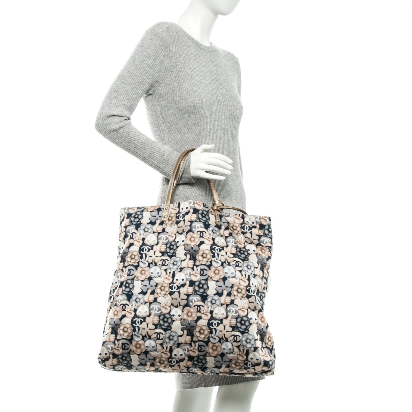 Nylon Cat Emoticon Tote Navy Gold