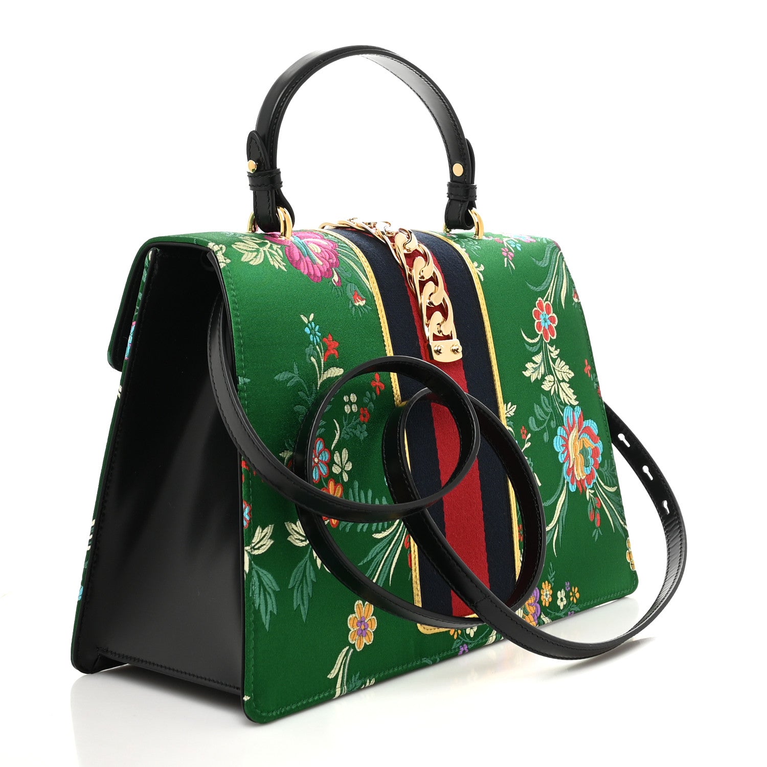 Gucci Jacquard Floral Medium Sylvie Top Handle Bag Green Multicolor Black 3 of 10