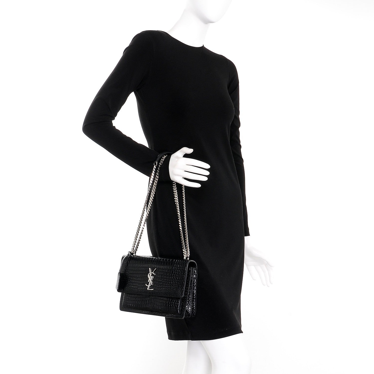 Saint Laurent Calfskin Crocodile Embossed Medium Monogram Sunset Black 3 of 9