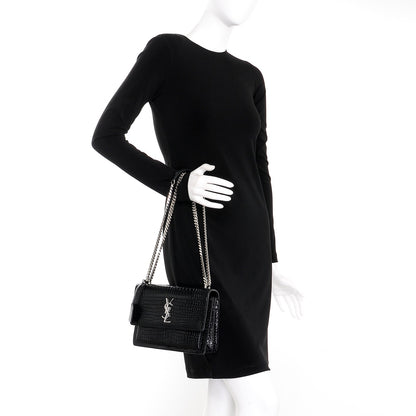 Saint Laurent Calfskin Crocodile Embossed Medium Monogram Sunset Black 3 of 9