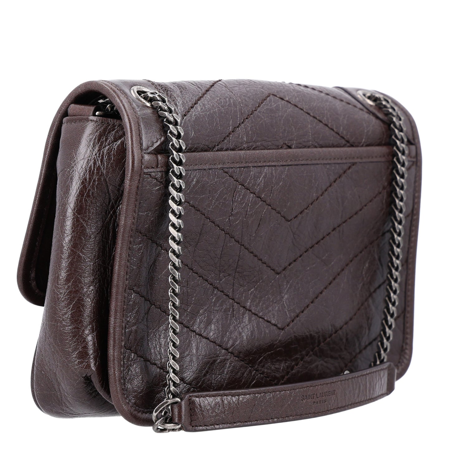 Crinkled Lambskin Matelasse Monogram Baby Niki Chain Satchel Chocolate