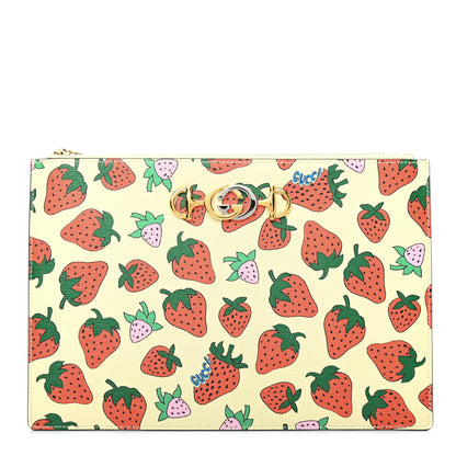 Gucci Calfskin Strawberry Print Zumi Pouch Ivory Red 1 of 5