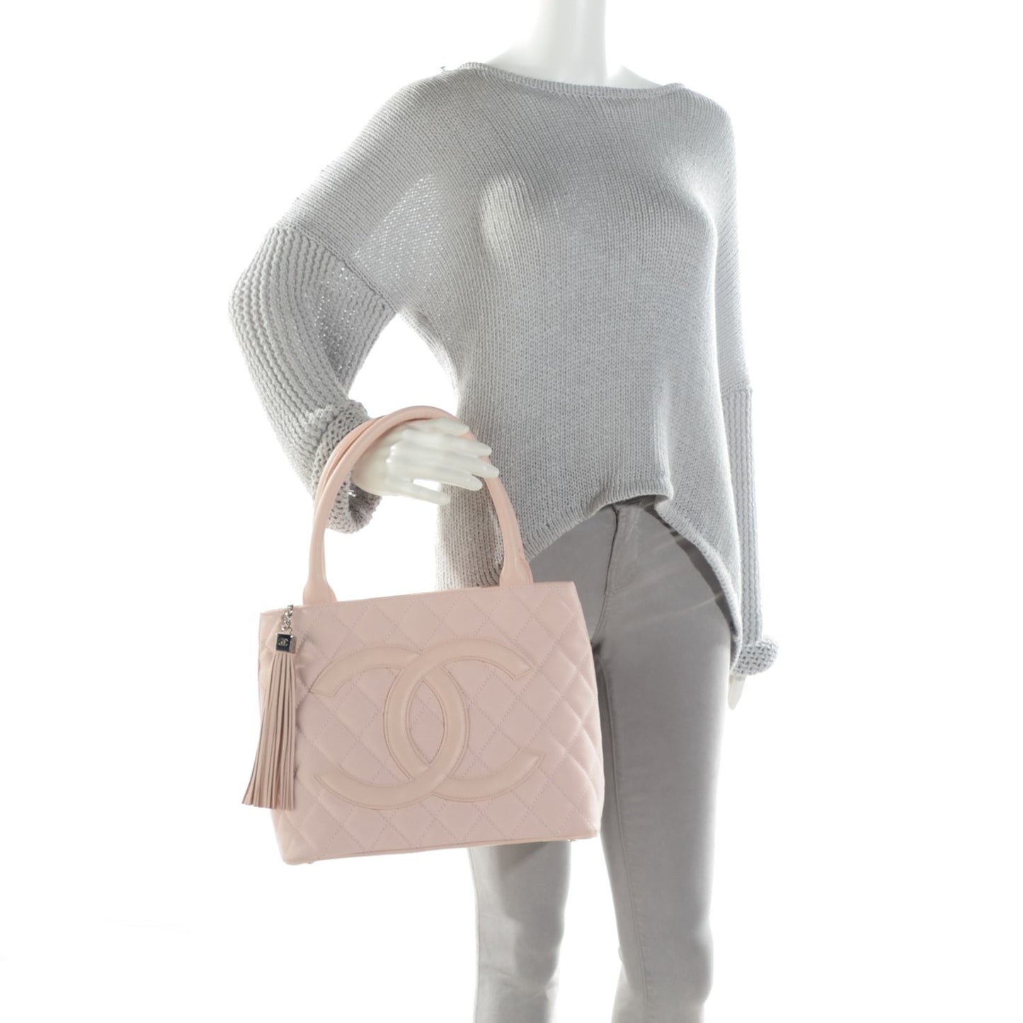 Canvas Caviar Tassel Tote Light Pink