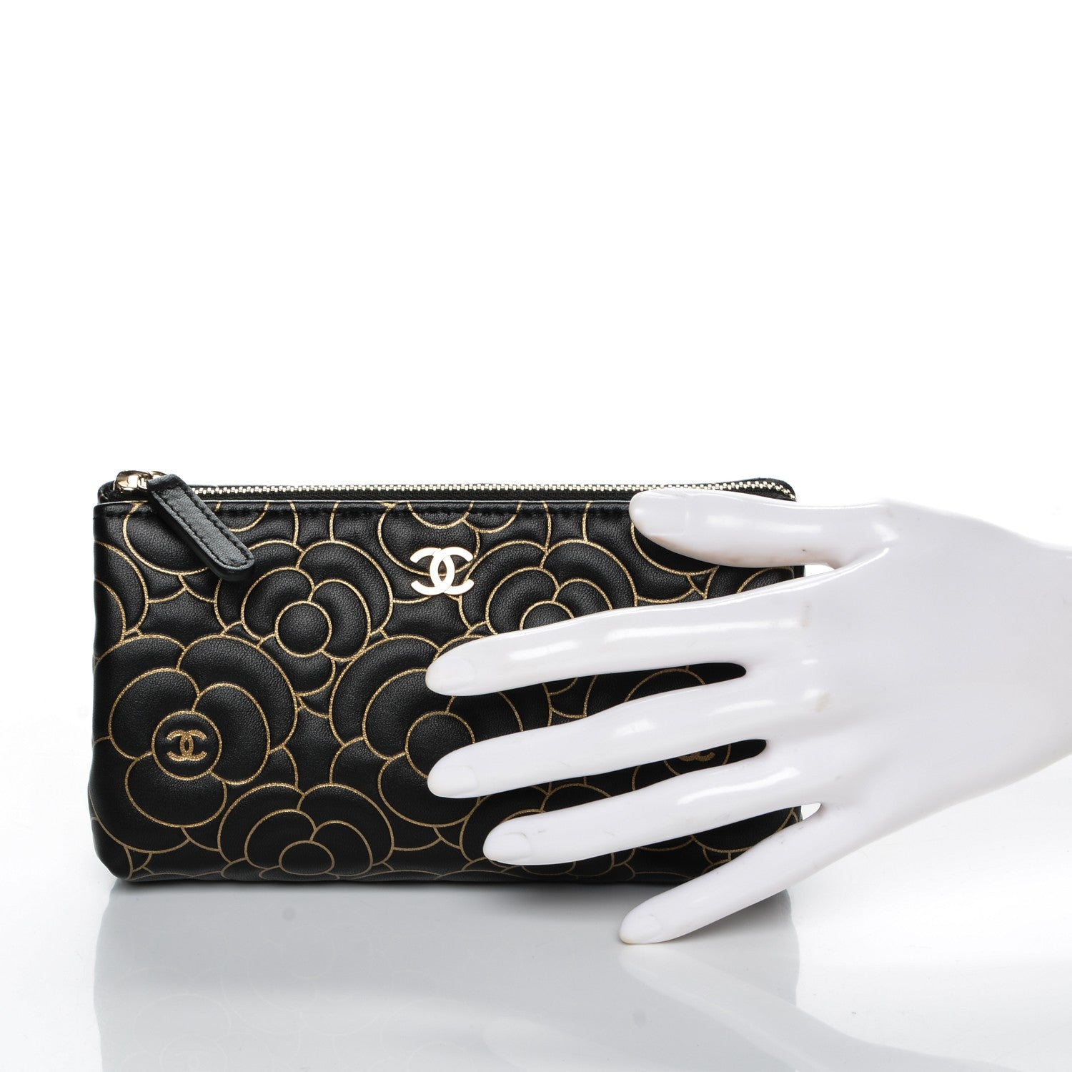 Chanel Lambskin Camellia Embossed Cosmetic Pouch Black Gold 2 of 7