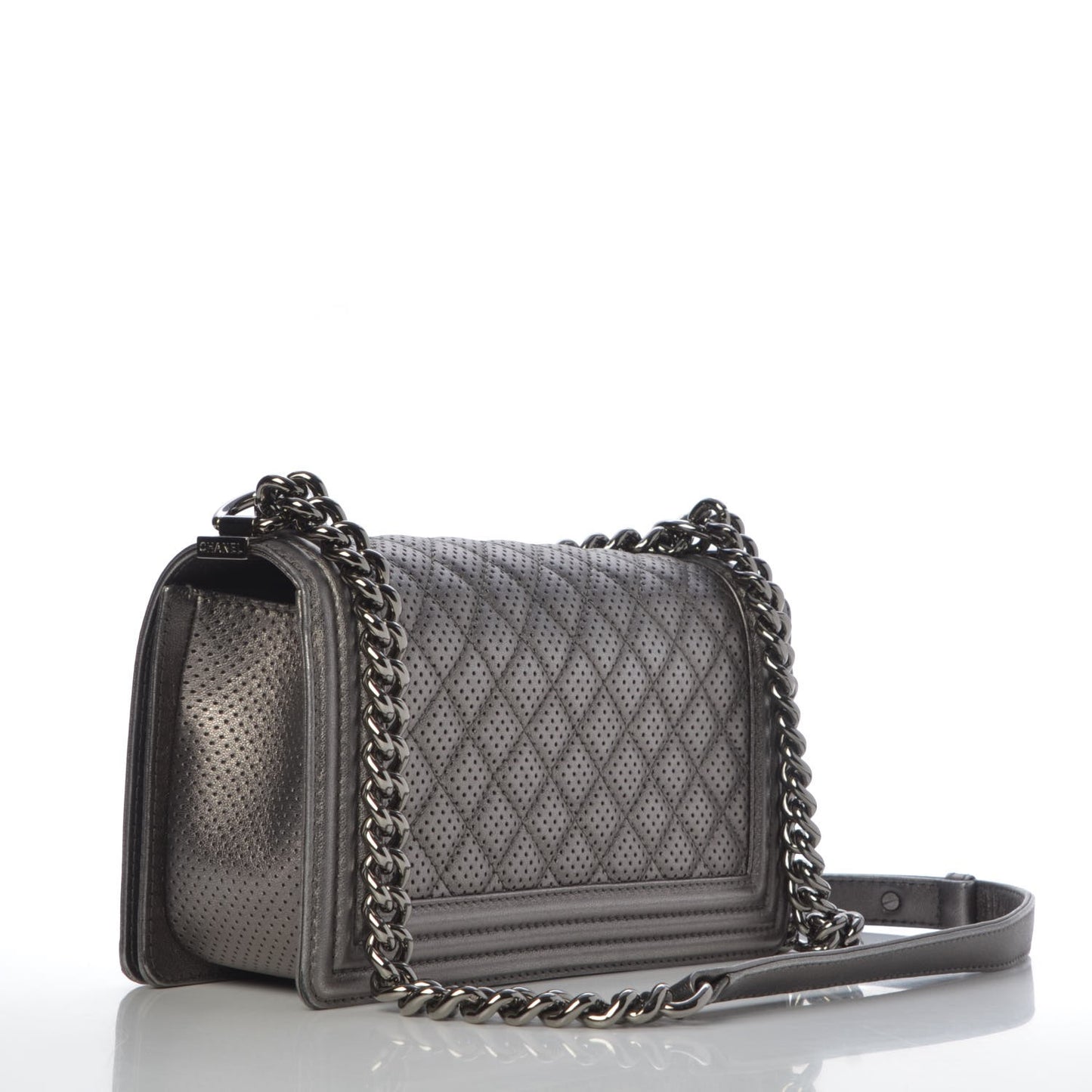 Metallic Lambskin Perforated Medium Boy Flap Dark Silver