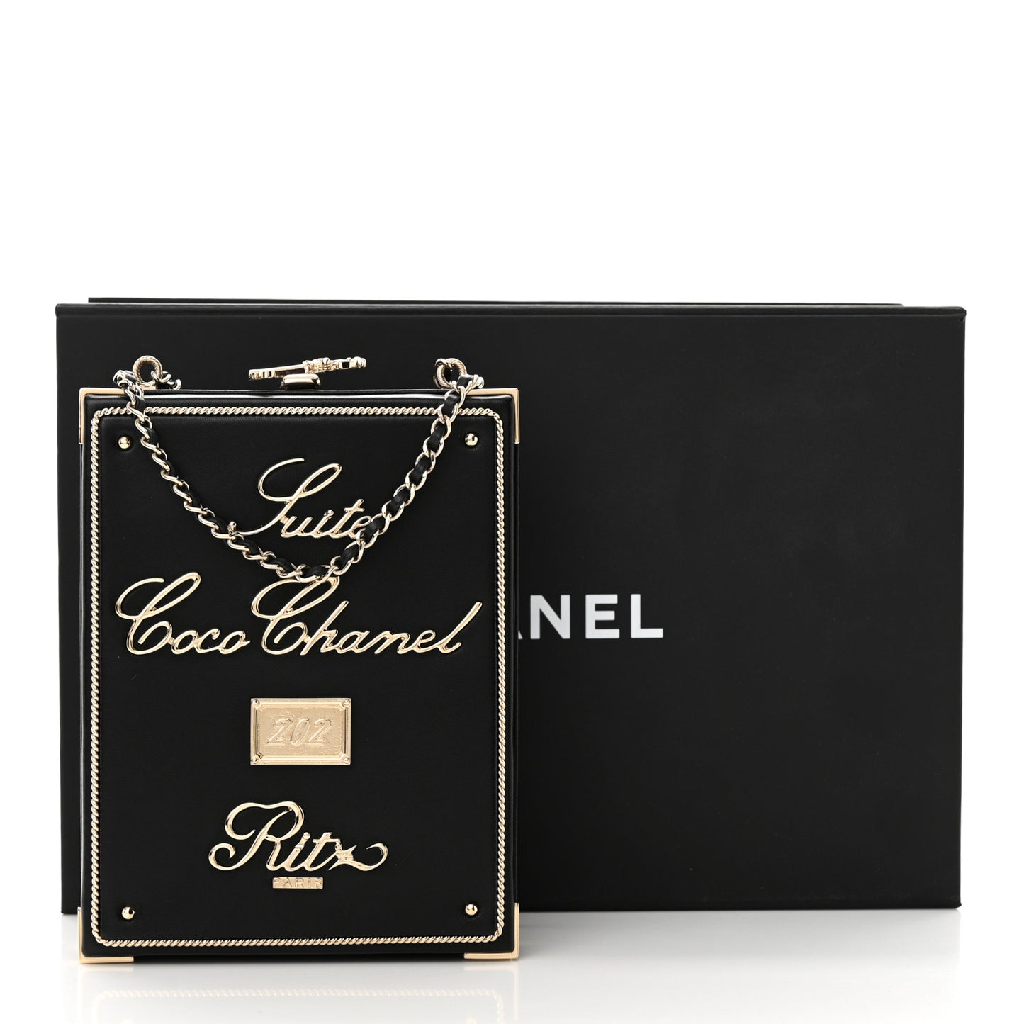 Lambskin Room Card Minaudiere Evening Bag Black Gold
