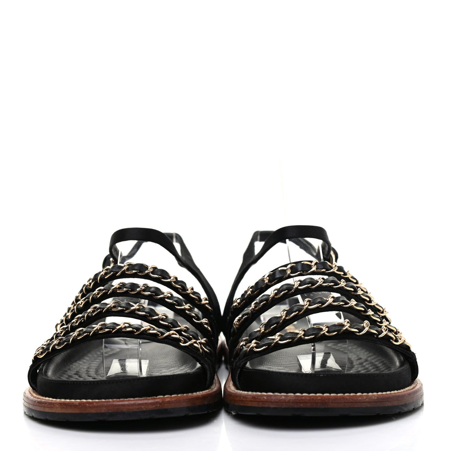 Satin Lambskin Chain Flat Sandals 37.5 Black