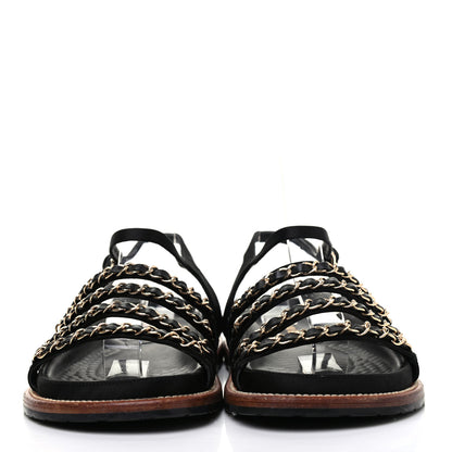 Chanel Satin Lambskin Chain Flat Sandals 37.5 Black 3 of 13