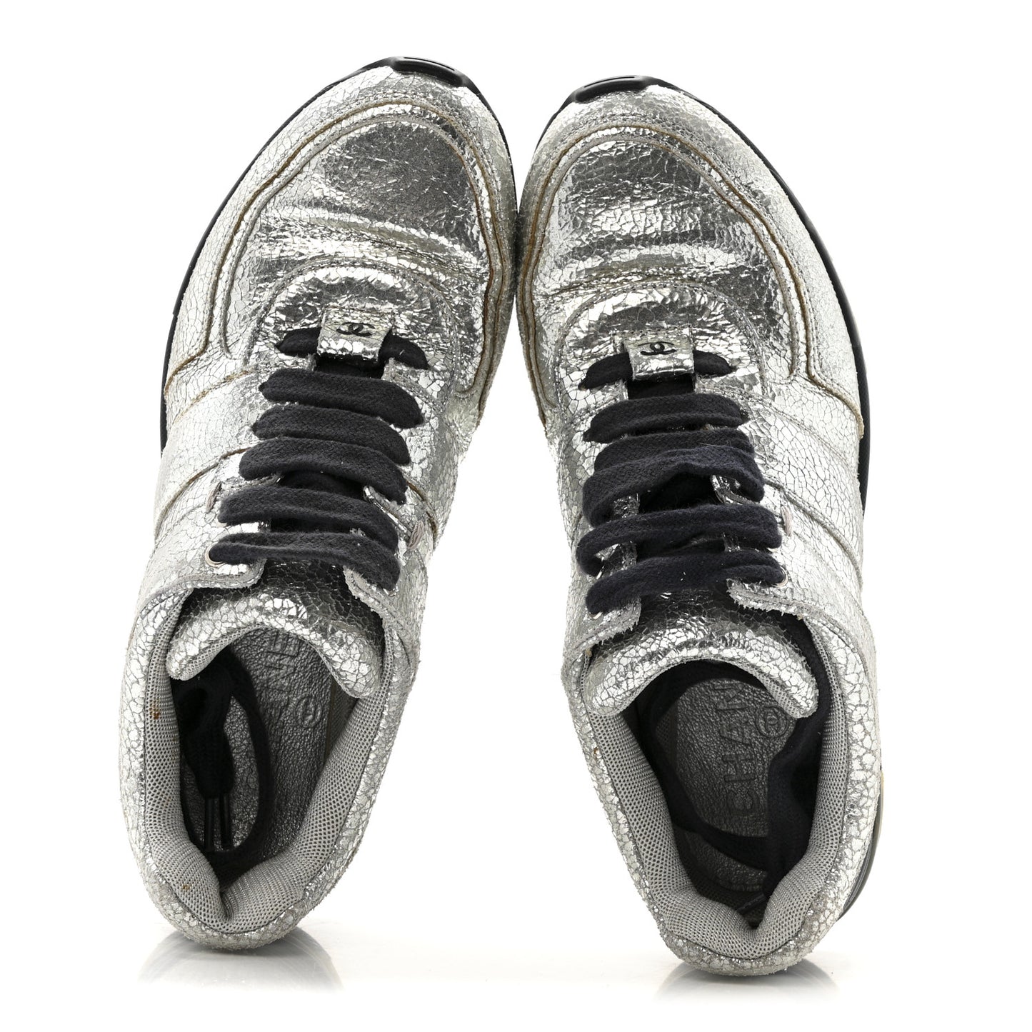 Metallic Crackled Calfskin CC Sneakers 36 Silver Black Navy