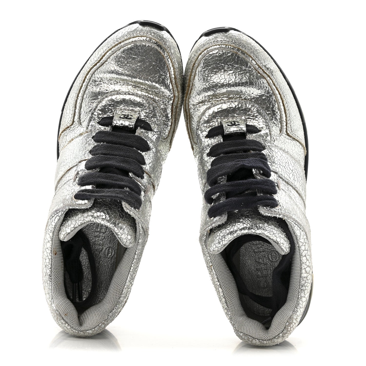 Chanel Metallic Crackled Calfskin CC Sneakers 36 Silver Black Navy 2 of 14