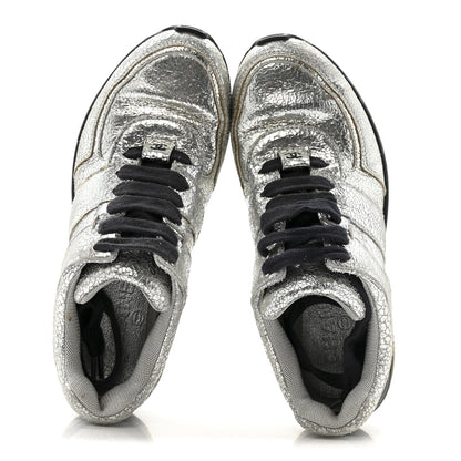 Chanel Metallic Crackled Calfskin CC Sneakers 36 Silver Black Navy 2 of 14