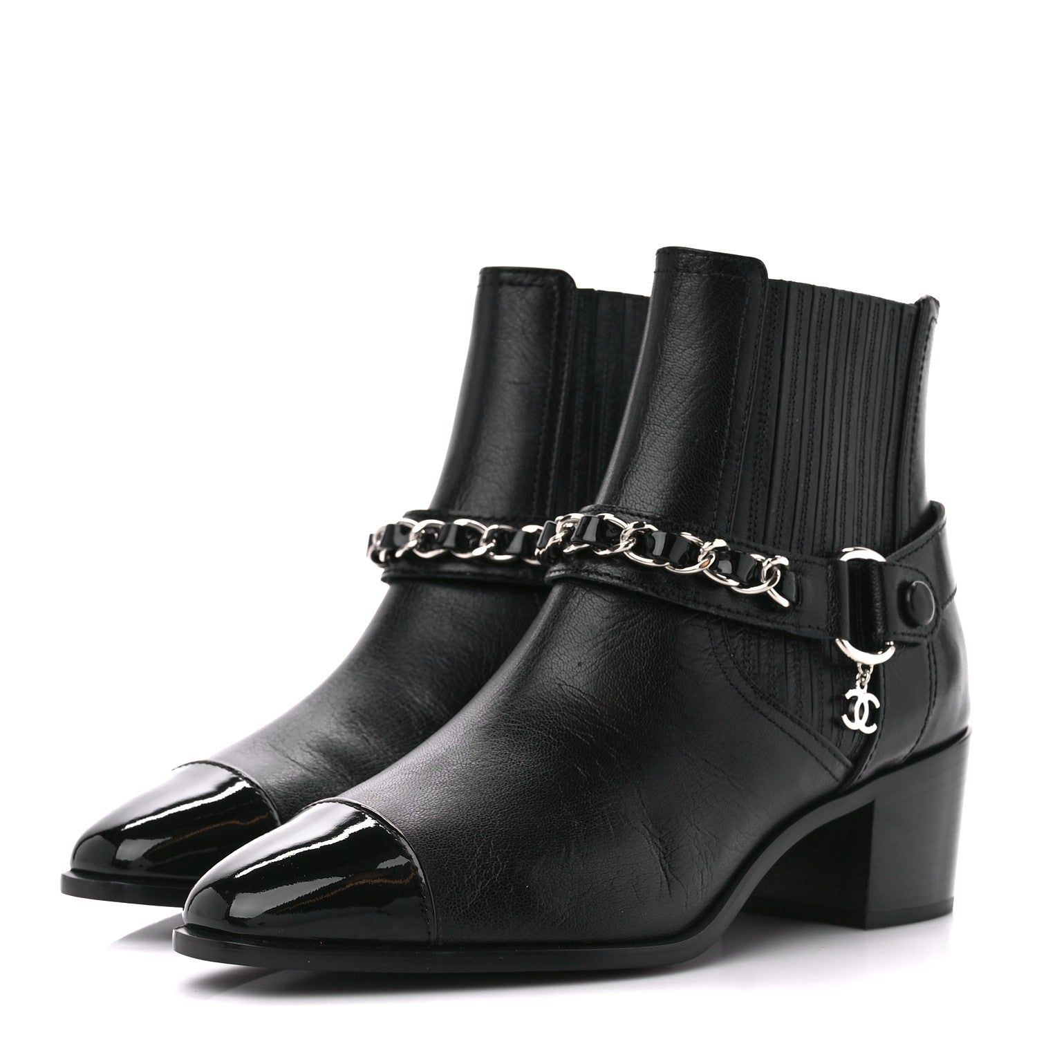 Chanel Goatskin Patent CC Cap Toe Chain Boots 38 Black 36.5 Black 3 of 8