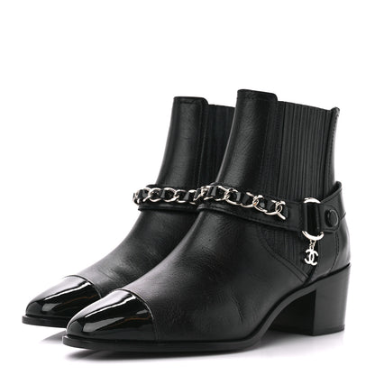 Chanel Goatskin Patent CC Cap Toe Chain Boots 38 Black 36.5 Black 3 of 8