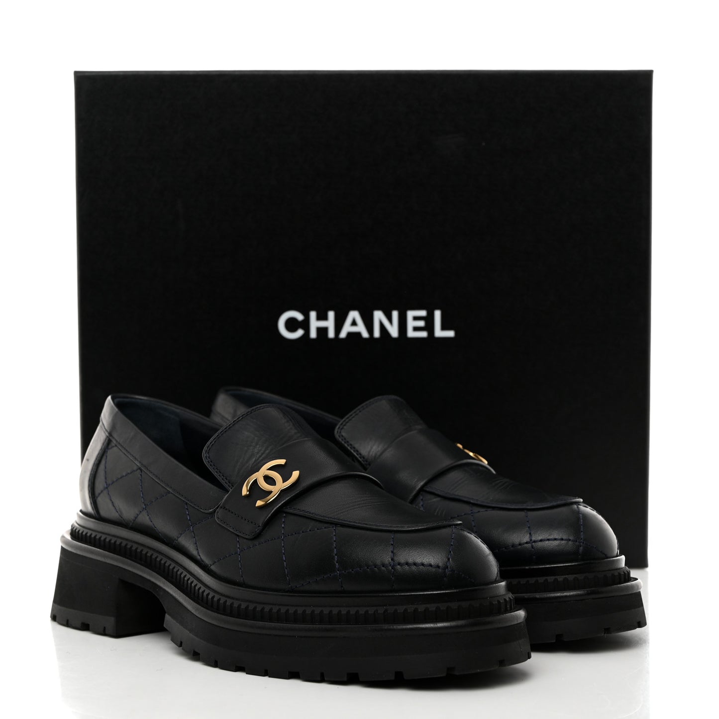 Calfskin Quilted CC Mocassin Loafers 37.5 Navy Blue