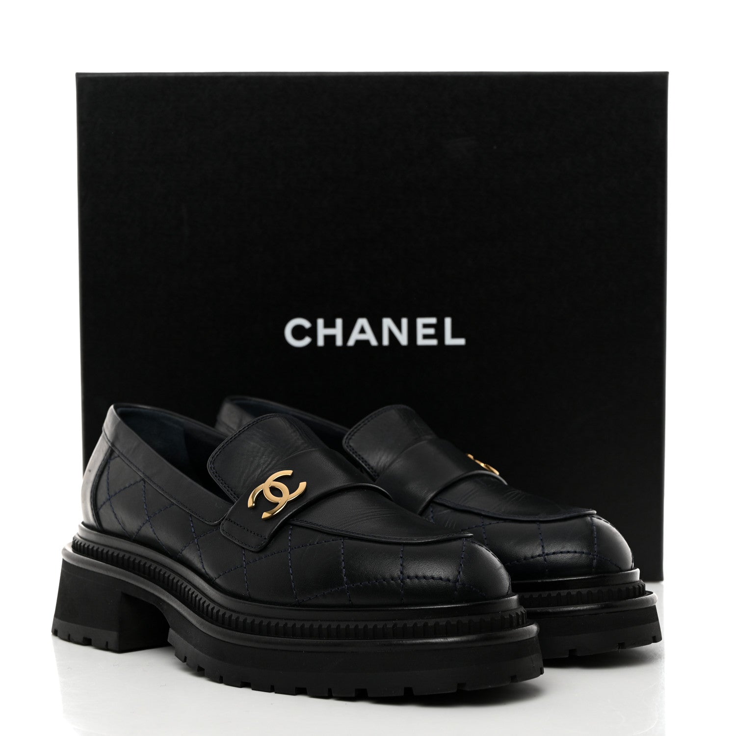 Chanel Calfskin Quilted CC Mocassin Loafers 37.5 Navy Blue 9 of 9