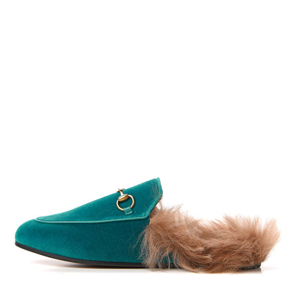 Gucci Velvet Fur Womens Princetown Slippers 37 Cyan 1 of 8