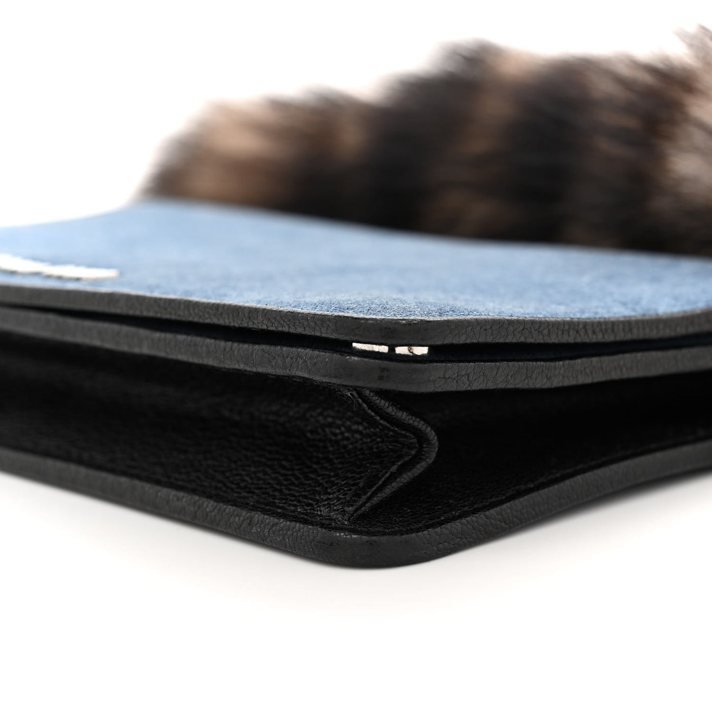 MIU MIU Denim Raccoon Fur Charm Crossbody Blue