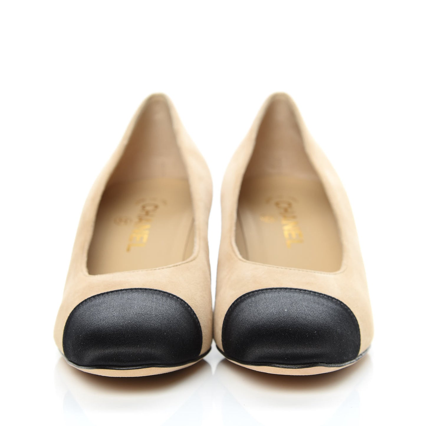Suede Satin Cap Toe Low Heel Pumps 39 Beige Black