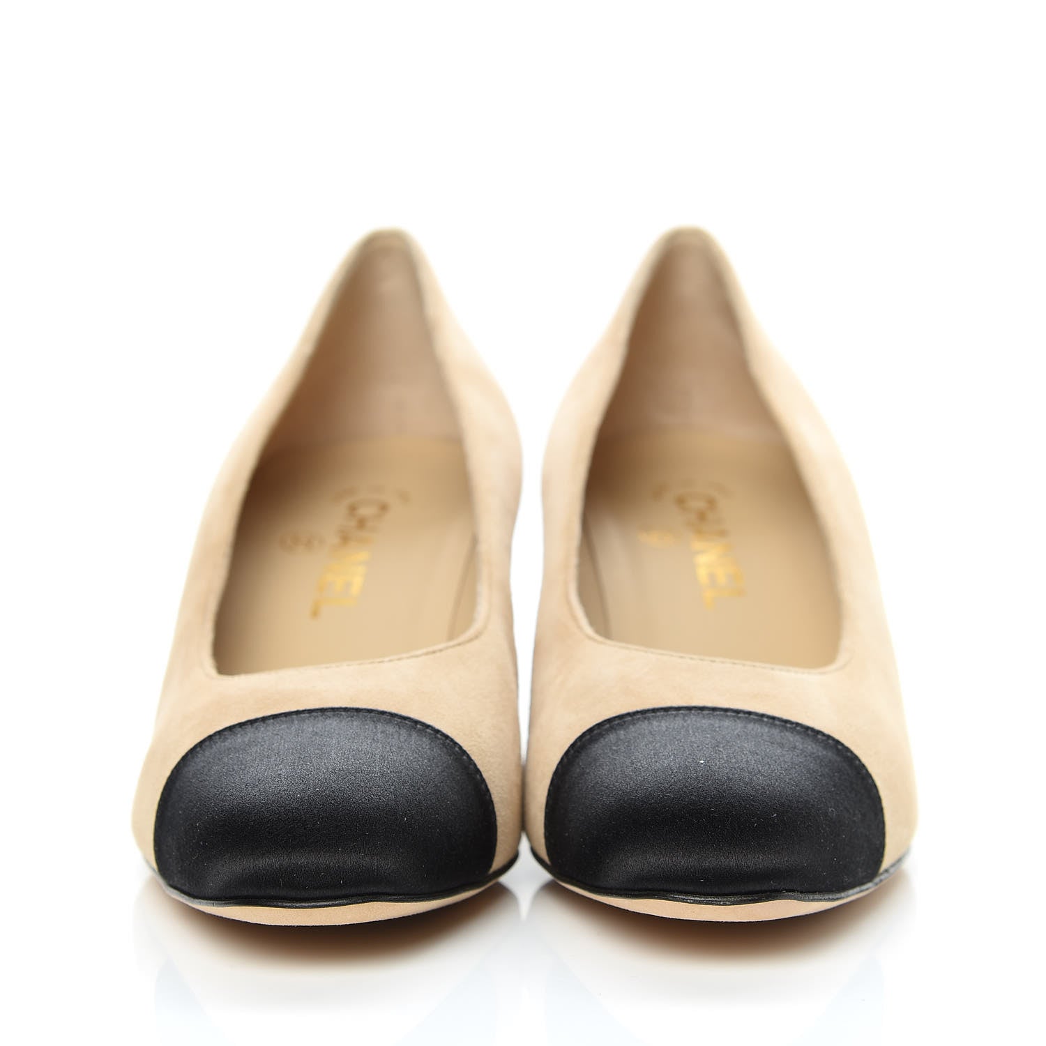 Chanel Suede Satin Cap Toe Low Heel Pumps 39 Beige Black 2 of 9