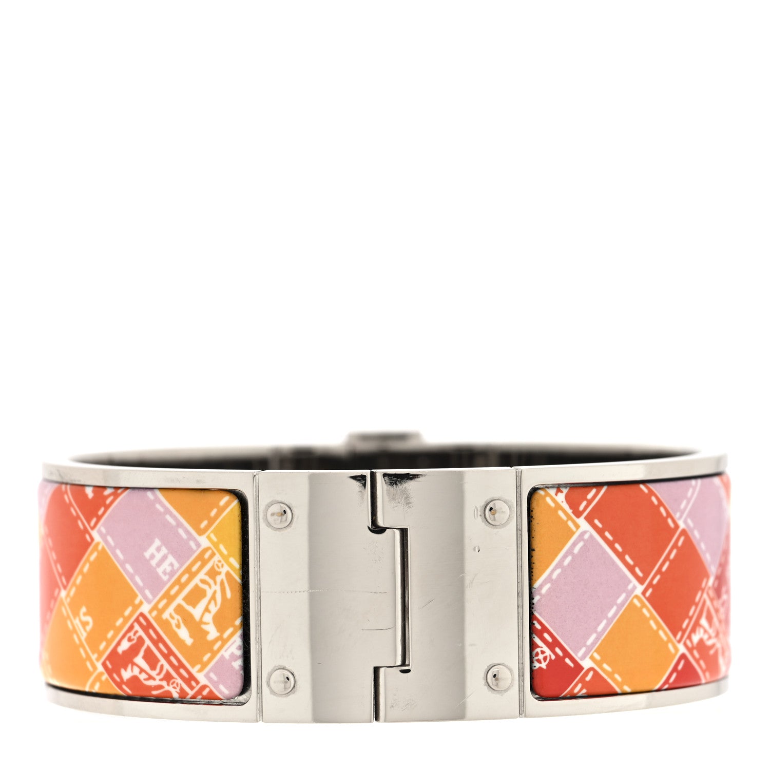 Hermes Enamel Printed Wide Square Bolduc Hinged Bracelet S Life In Orange 3 of 5